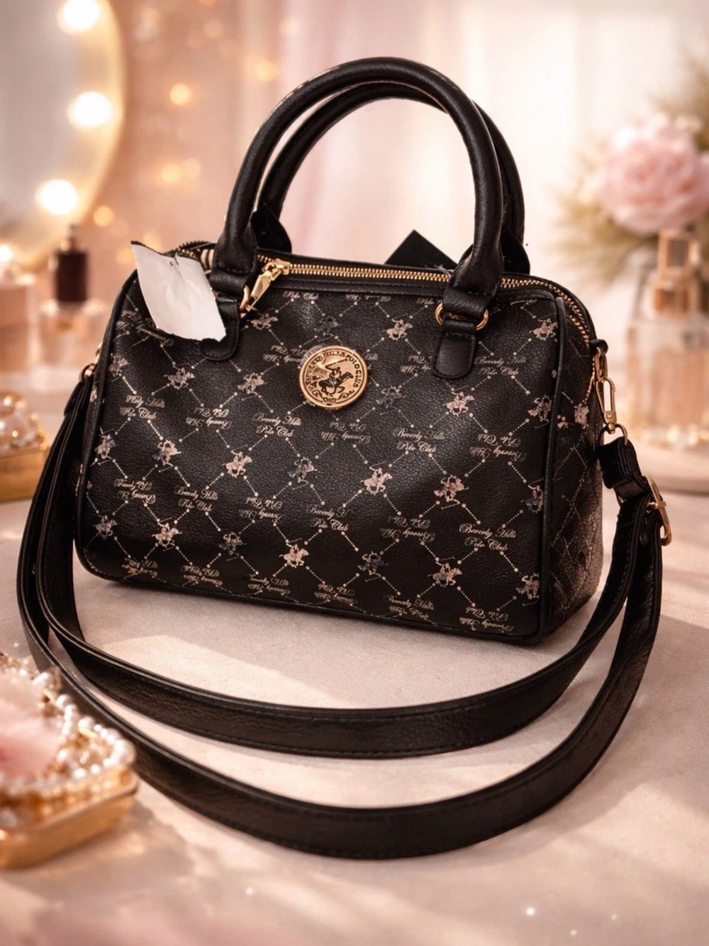 Beverly Hills Polo Club Black Satchel with Gold Medallion and wallet